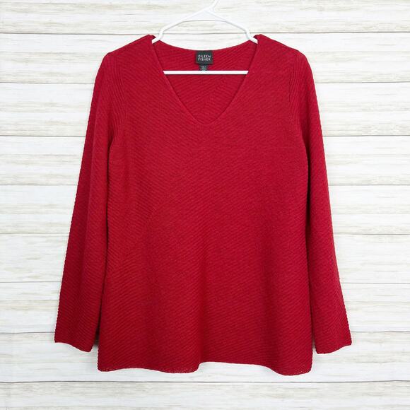 Eileen Fisher 100% Wool Textured V-Neck Top Red - Picture 1 of 5